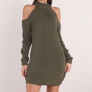 Open Shoulder Olive Sweater Dress
